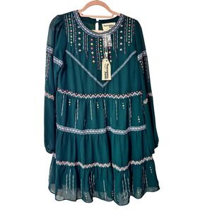 Savanna Jane Dark Green Embroidered Beaded Tiered Babydoll Dress Small NWT